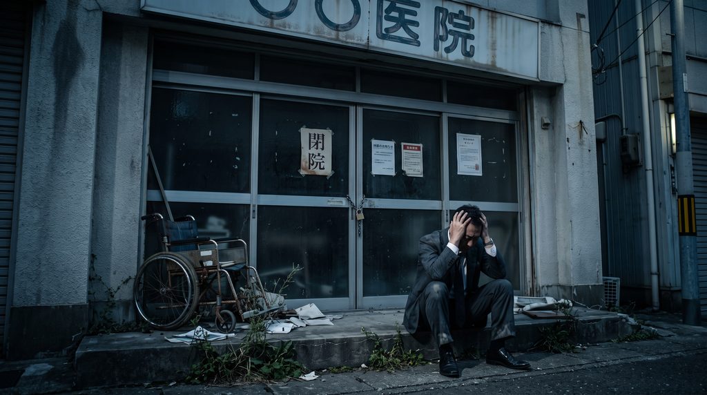 「閉院」の貼り紙と鎖で封鎖されたクリニックの前で、頭を抱えて絶望するスーツの男性と放置された車椅子。多店舗展開の失敗による医療法人の突然死と、患者を見捨てたガバナンス崩壊の末路を描いたイメージ。